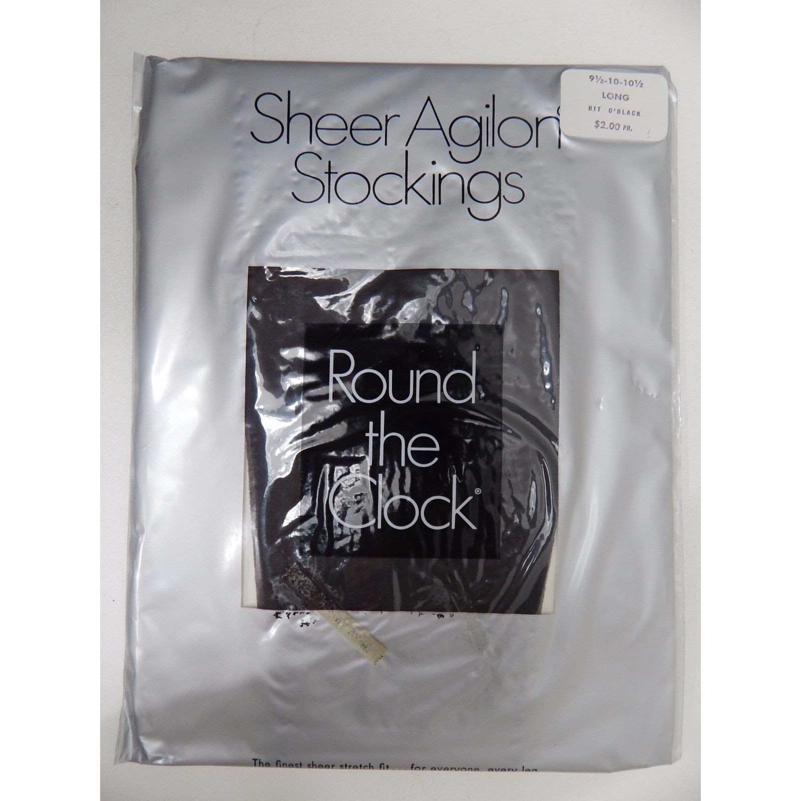 Vtg Round the Clock Sheer Agilon Stockings Sz 9 1/2 10 10 1/2 LONG Bit O&rsquo; Black