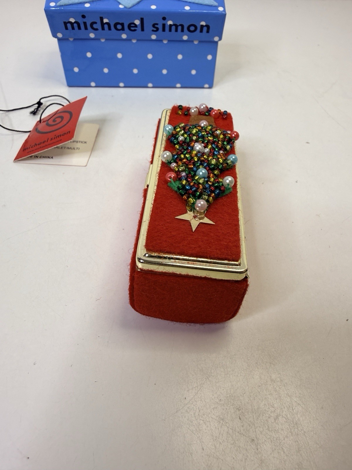 RARE Michael Simon Christmas Lipstick Case Ugly Sweater Style Beaded Sequins