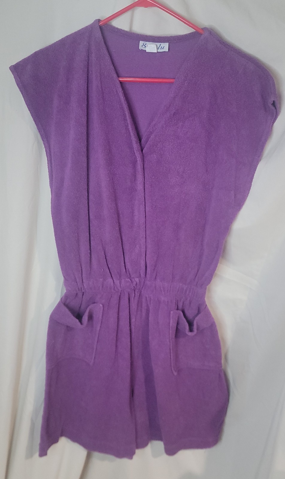VTG 80s Terry Cloth Romper Purple Lounge Cover Up Made USA Pockets Small