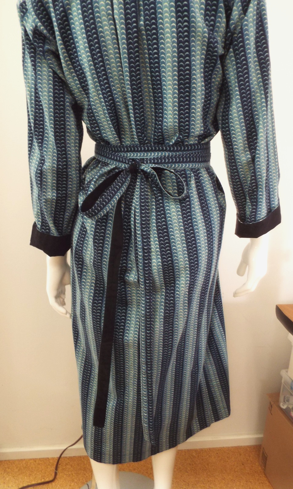 Vintage 1970s KENZO Jap Kimono Long Robe Dress 38 Blue Cotton Wrap Front Belt