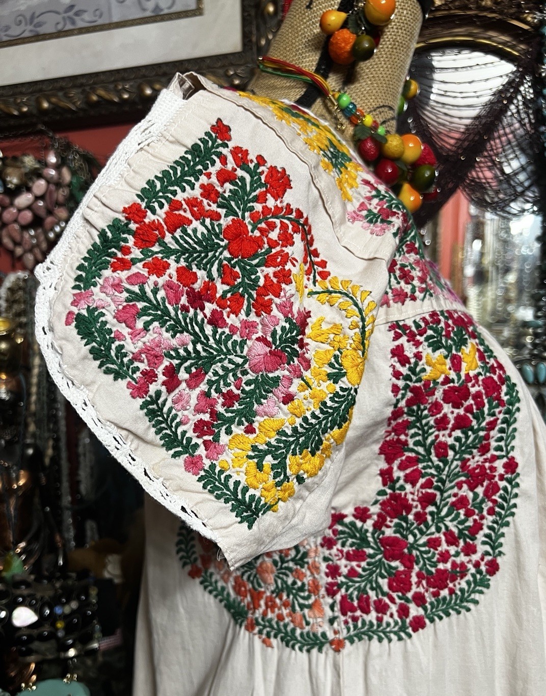 Beautiful Oaxaca Light Beige Dress In Cotton With Multi Color Embroidery M/L