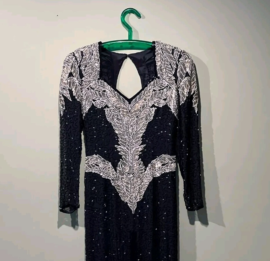 Vintage 80s Lillie Rubin Blue Silk Beaded Gown Handmade Gold & White Bead Dress