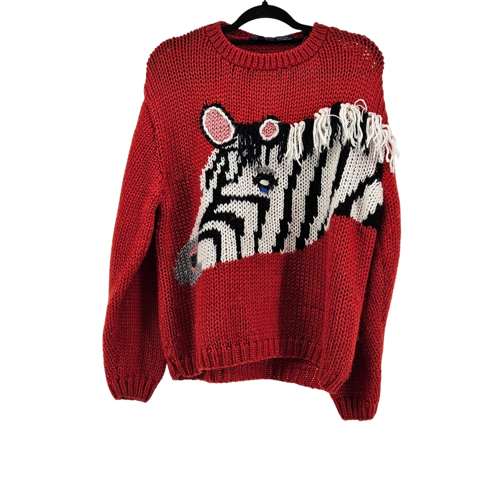 Vintage Zebra Fringe Knit Sweater Medium Maximalist Artsy Whimsy Eclectic