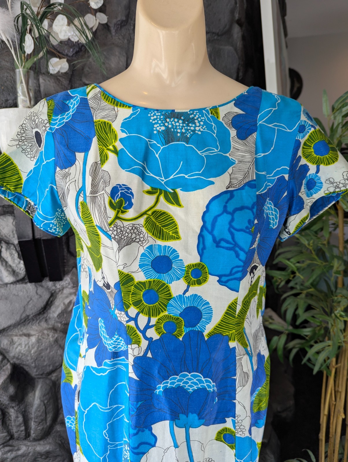 Vintage Lauhala 1970s Hawaiian MuuMuu Aloha Dress Ankle Maxi Sz 10 Blue Train
