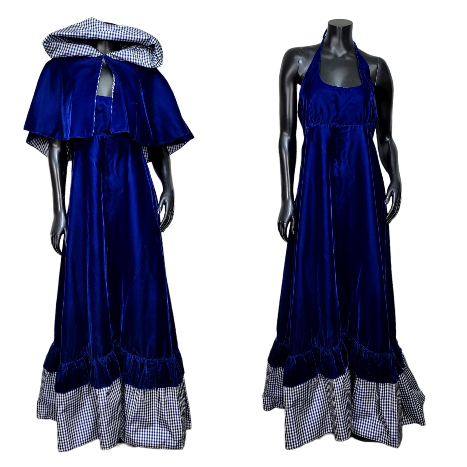 Vintage 70s 80s Union Made Blue Velveteen Maxi Dress Hooded Mantle Set Gingham