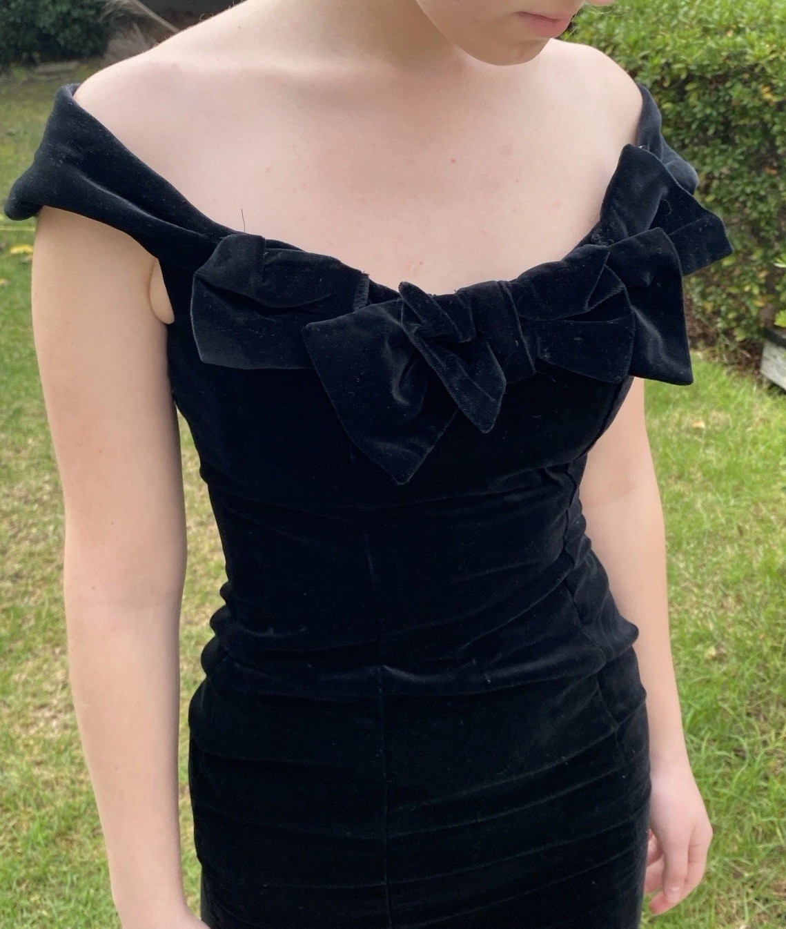 Vintage 80s Laura Ashley 6 Velvet Off Shoulder Cocktail Dress Great Britain Mini