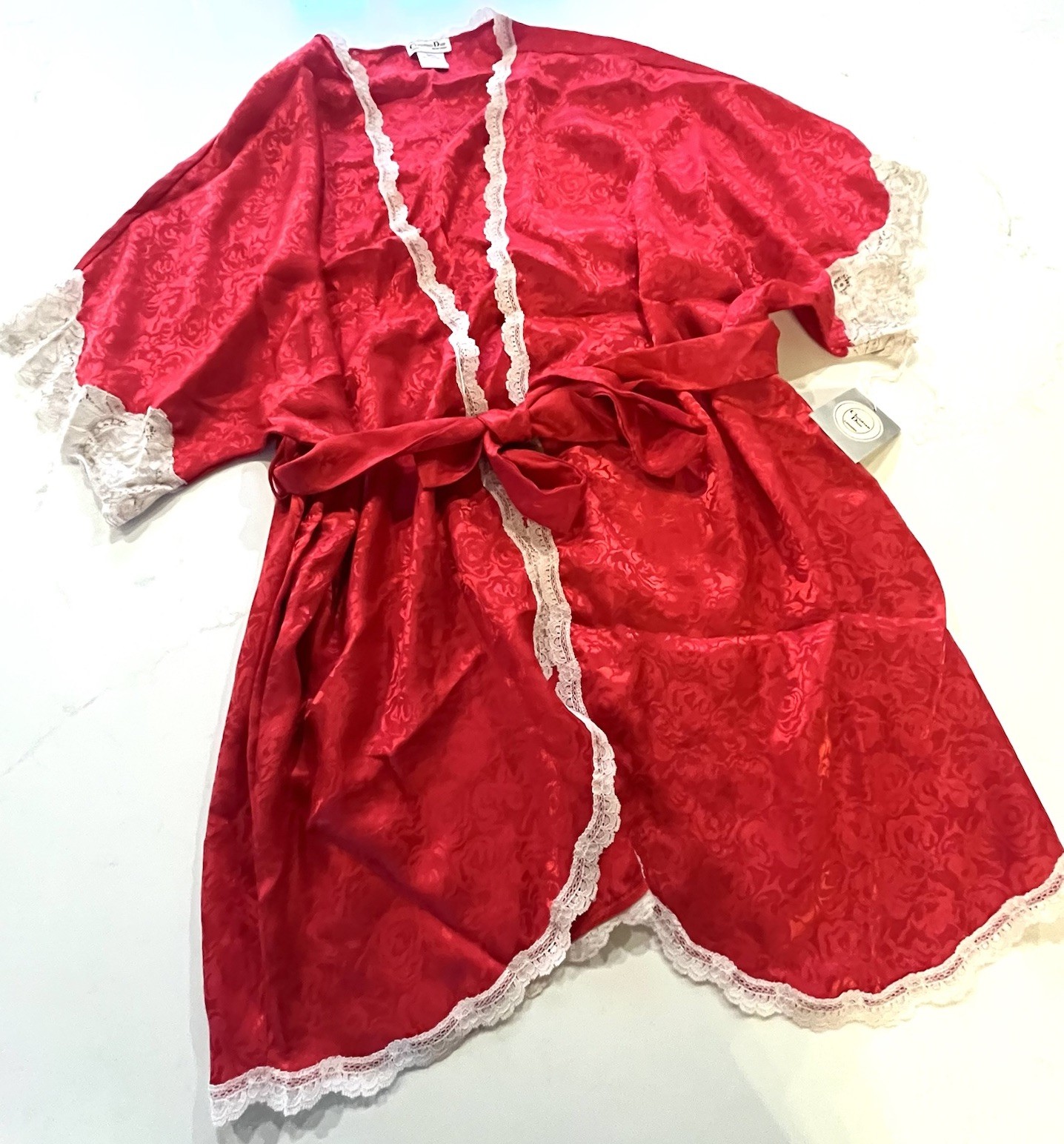 Vintage Christian Dior “80s” Robe Red Satin Lace Trim Short Size Small Pockets