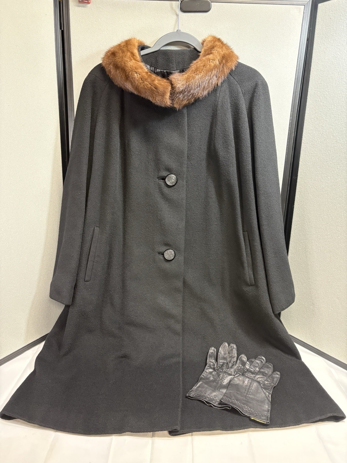 VTG 50s/60 Black 100% Cashmere Swing Coat Mink Collar & Leather Gloves Set L/XL