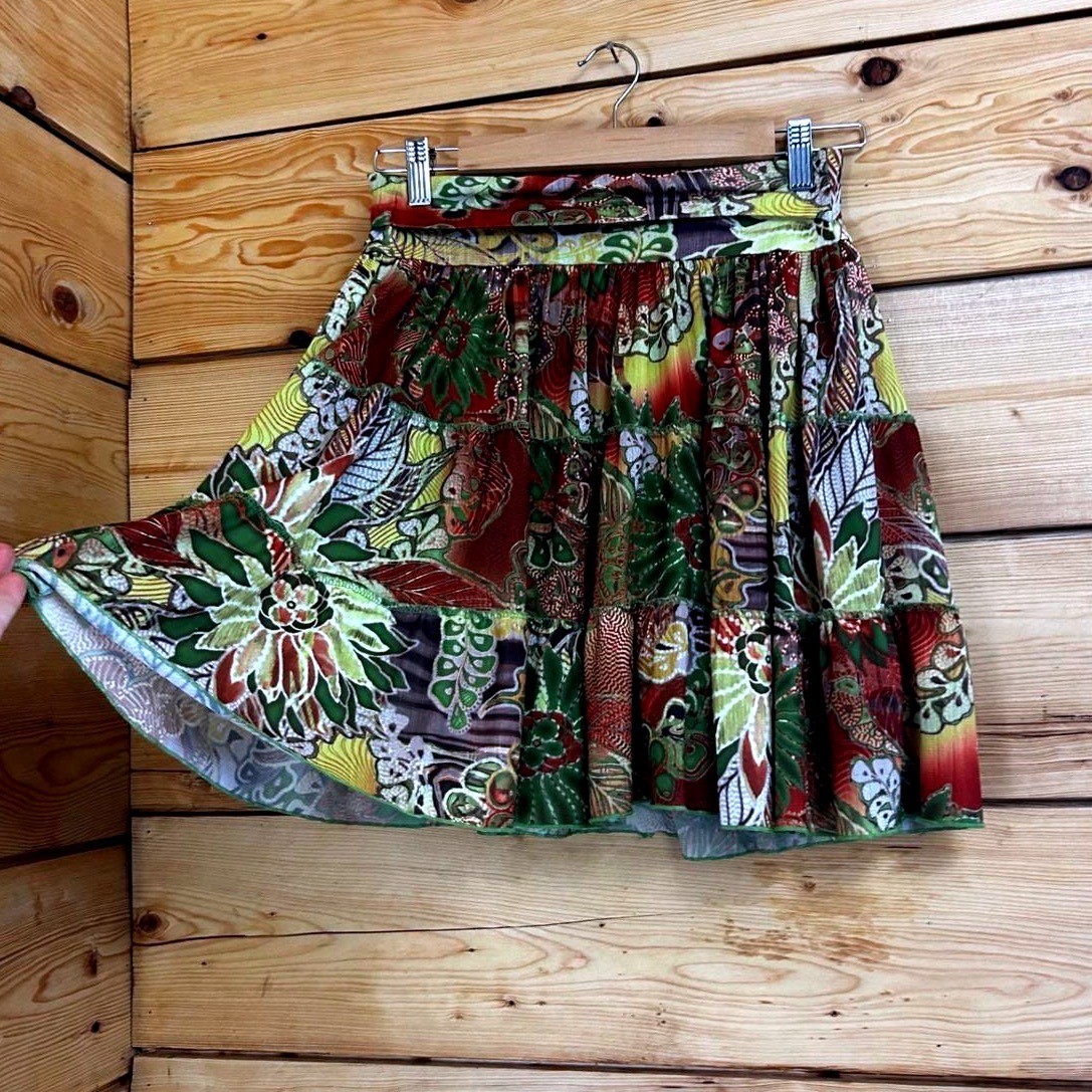 Vintage Mini Skirt Women Large Green Yellow Floral Boho Amy&rsquo;s Closet Rare Unique