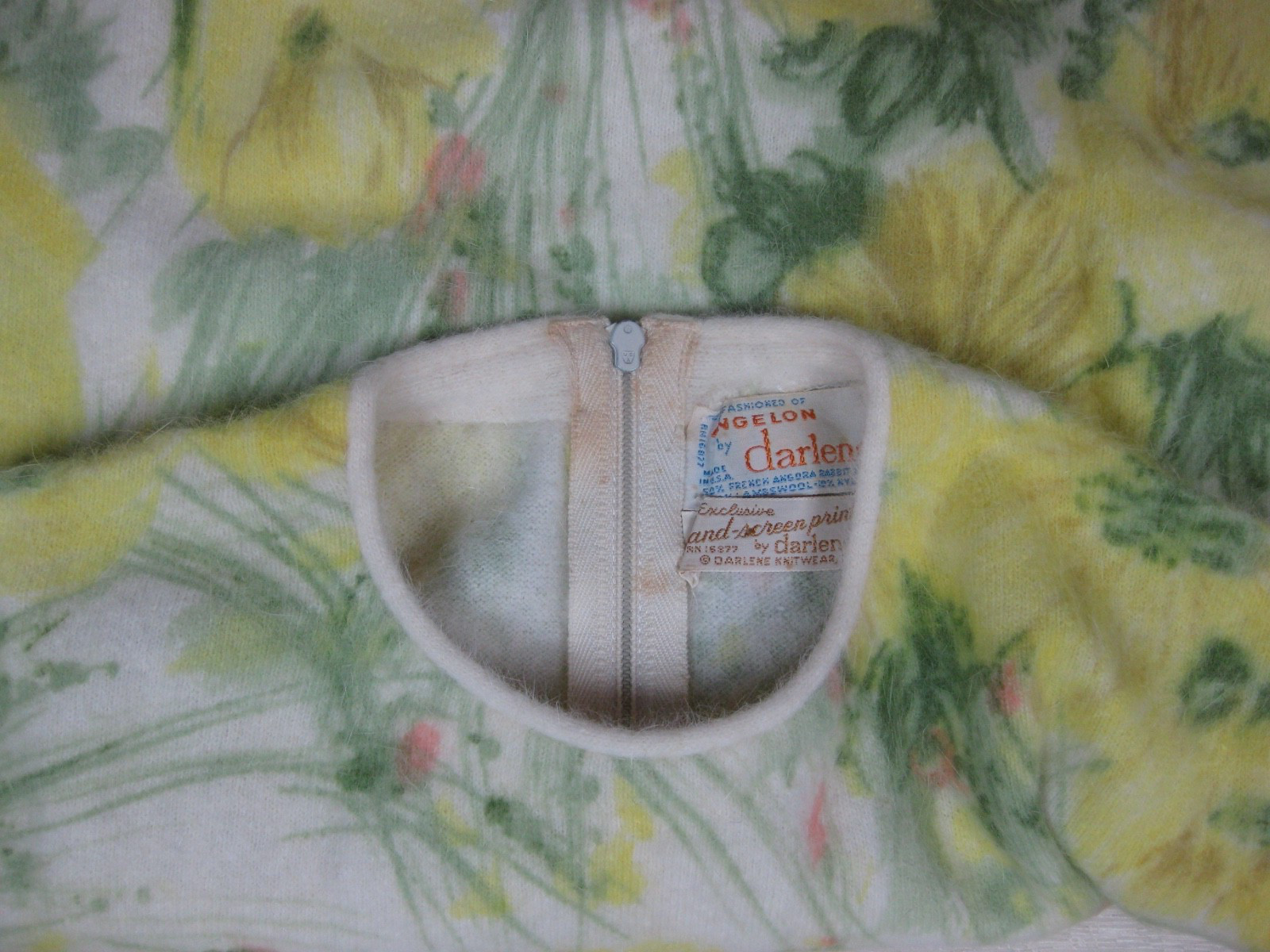Vintage 50s Angelon Darlene Sweater (S/M) Angora Wool Floral Hand Screen Print