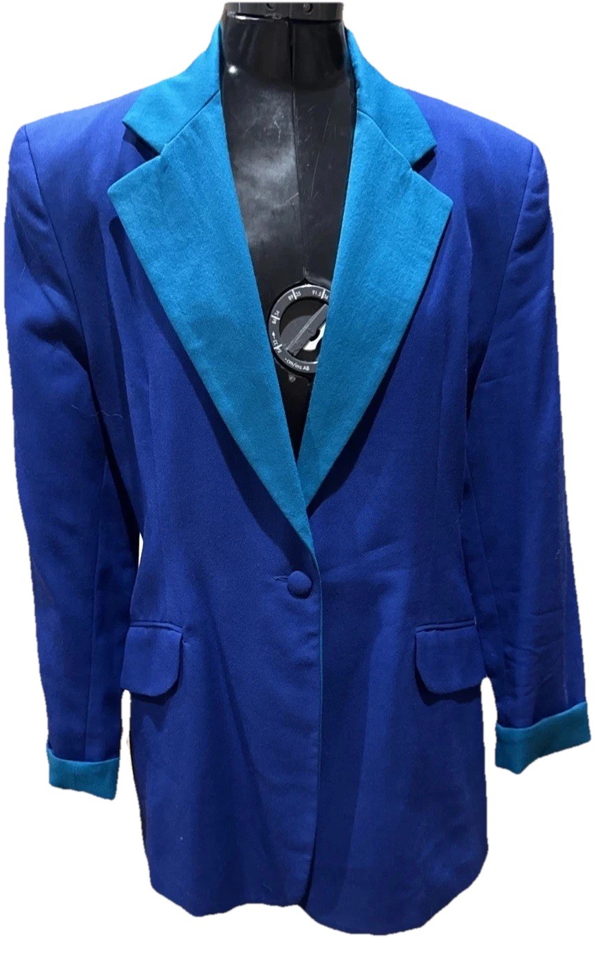Vtg 90s Y2K Hugo Buscati Milano Royal Blue/Green Wool Blazer Suit Jacket USA 8