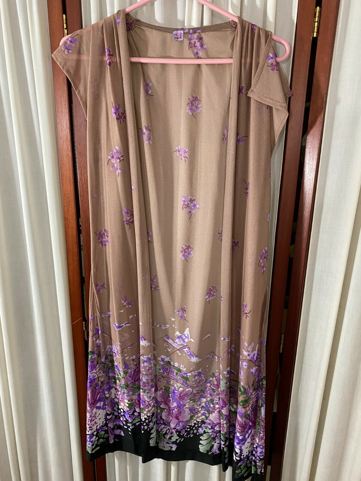 1970&rsquo;s Long Voile Duster-M-Rose Beige-Cherry Blossoms & Violets-VG-GORGEOUS-SALE