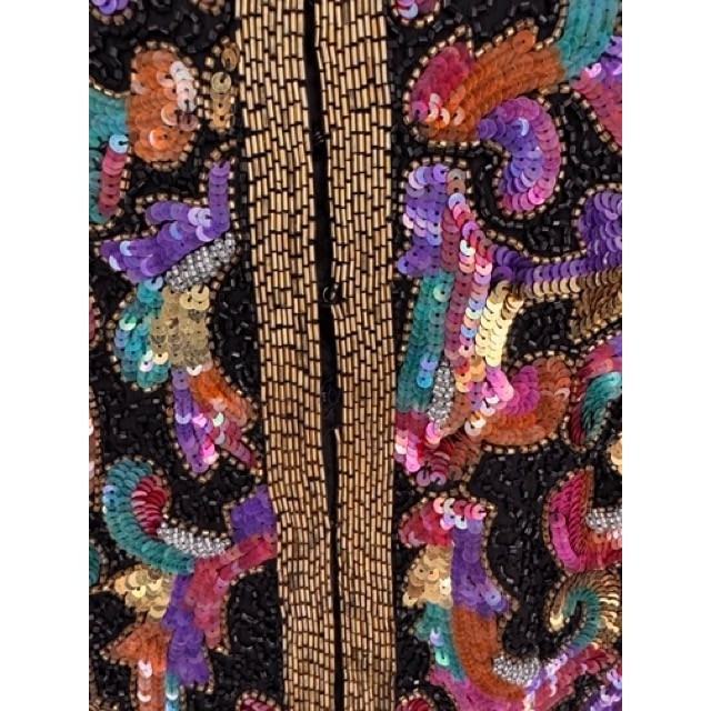 Vintage Laurence Kazar Black Multicolor Sequin Beaded Silk Jacket Glam Art Deco