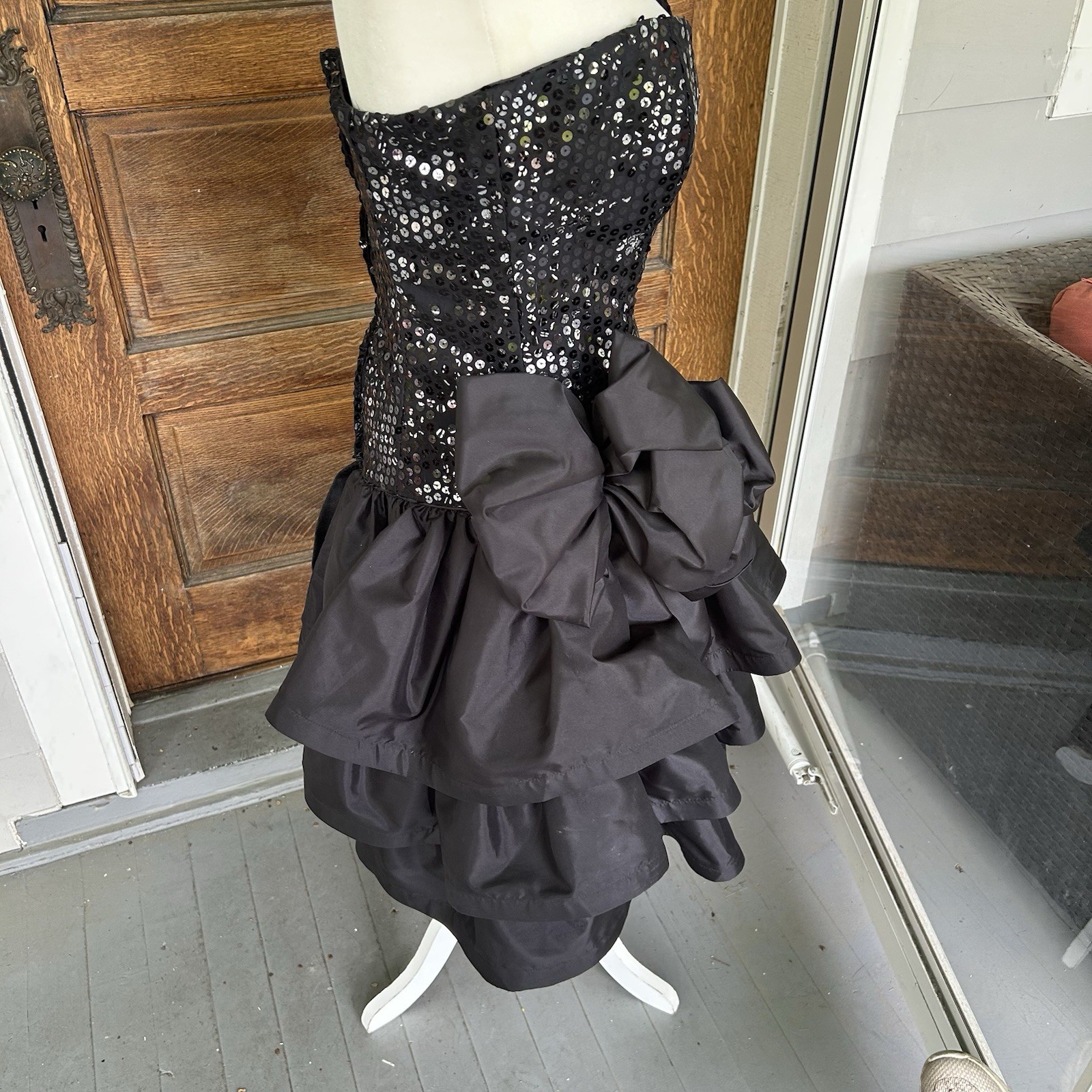 Vintage 80s Black Taffeta Sequins Cocktail Prom Dress ILGWU Made In USA Sz Small