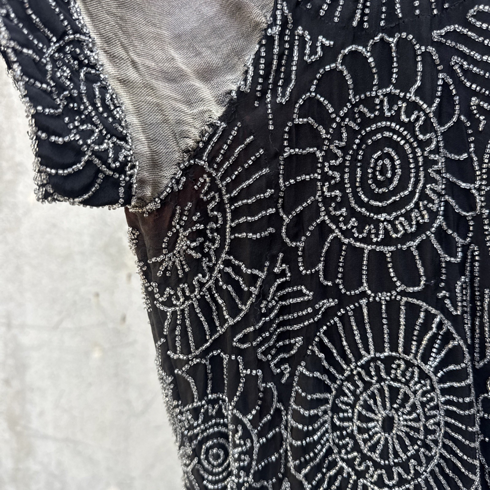 Antique 1920s Completely Beaded Flower Gown Silver Lamé Full Length Dress VTG