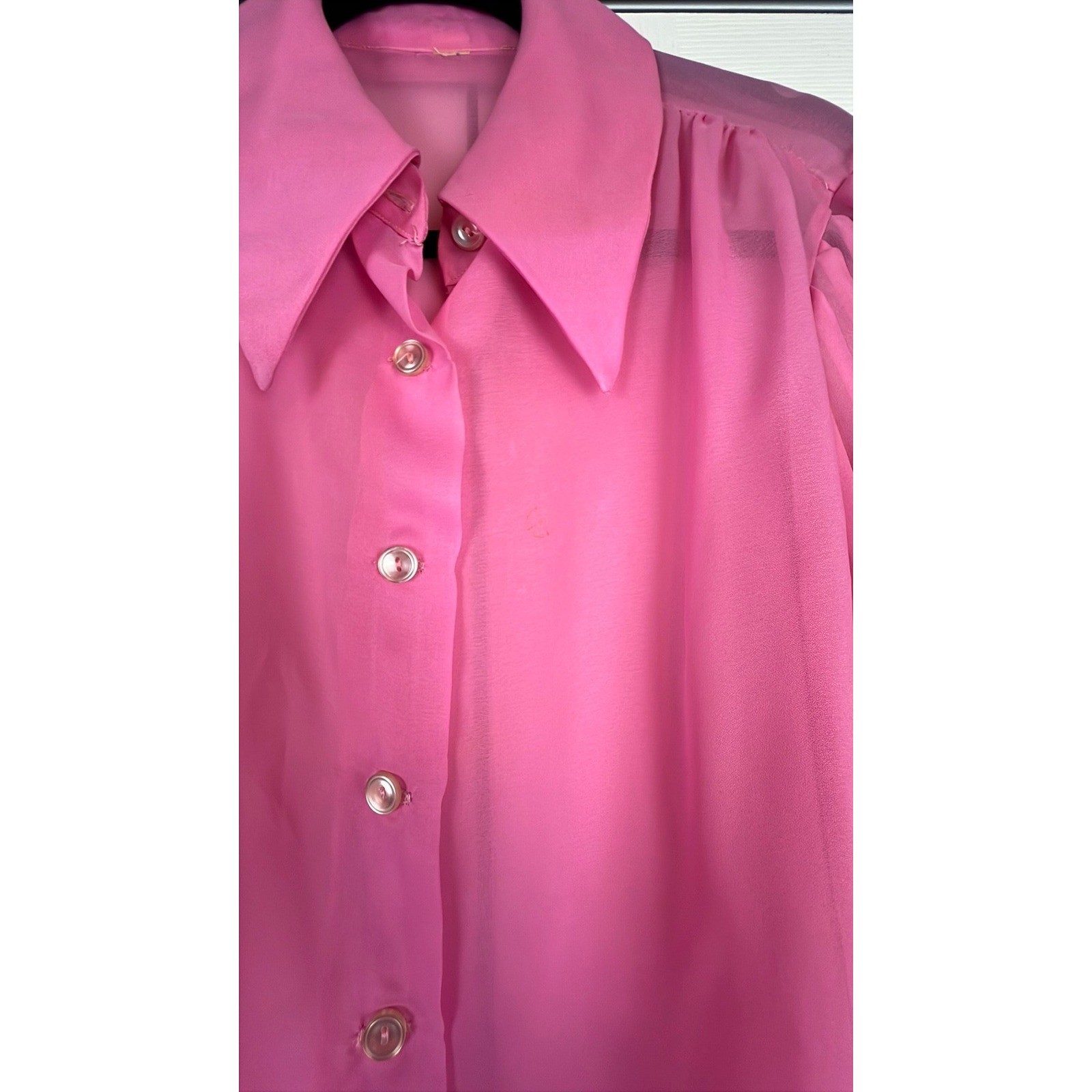 Vintage Dagger Collar Balloon Sleeve Blouse Retro Barbiecore Pink Chiffon S/M