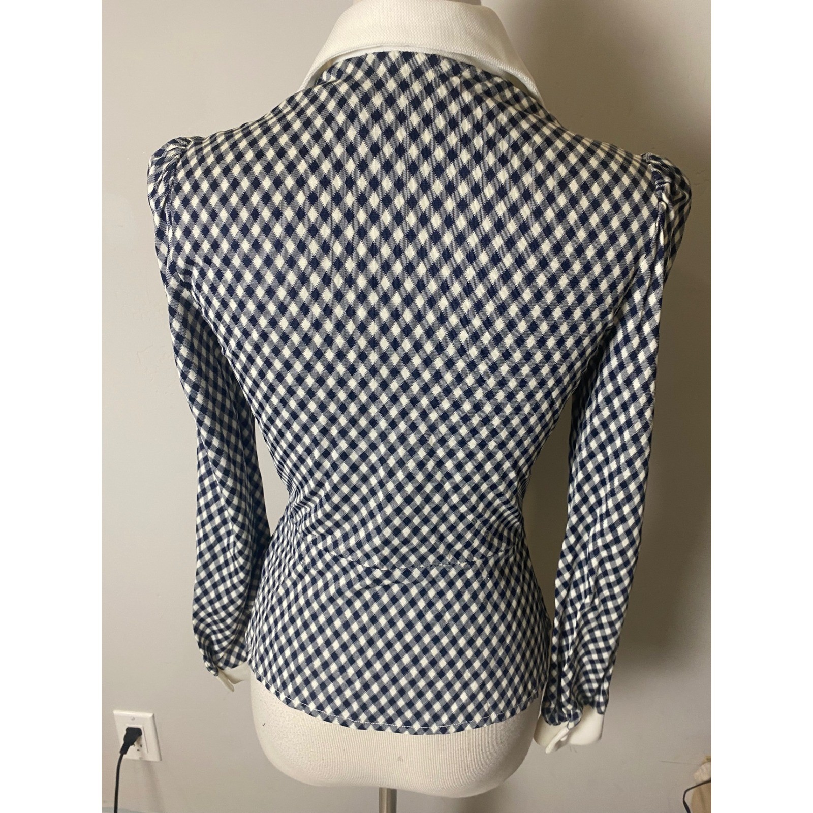 Vintage 40&rsquo;s/50&rsquo;s Navy White Gingham Plaid Collar Peplum Top long sleeve