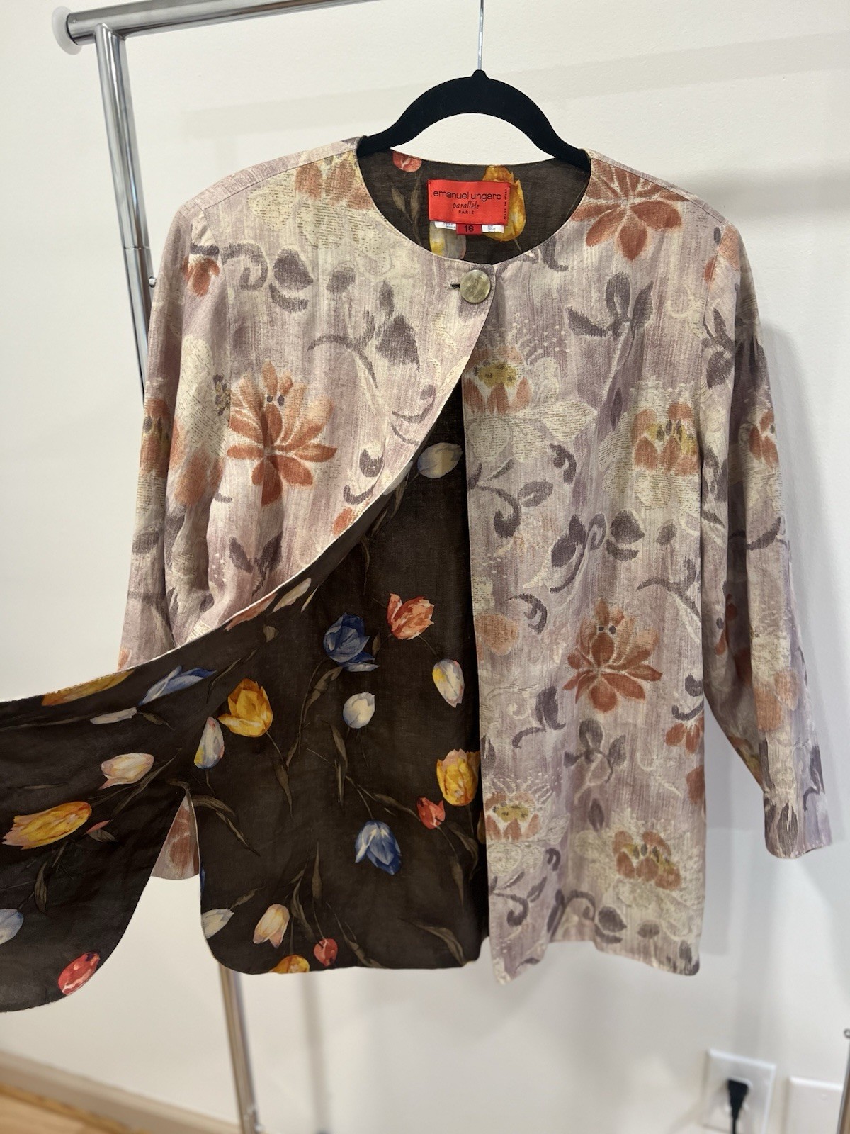 Emanuel Ungaro Parallèle Reversible Linen Jacket Floral Brown Beige Women’s 16