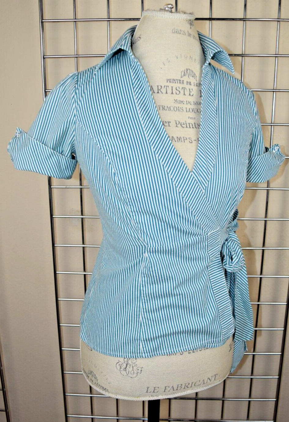 Vintage Guess Wrap Shirt Size S/M 90s Green White Stripe Cuffed Sleeves Cotton