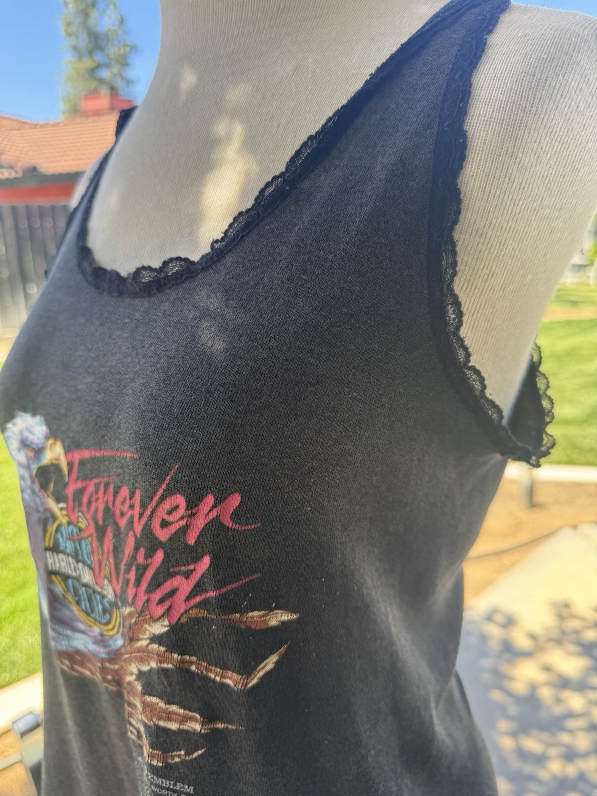 Vintage Harley Davidson Vintage 3D Emblem Black Lace Tank Top Forever Wild XL
