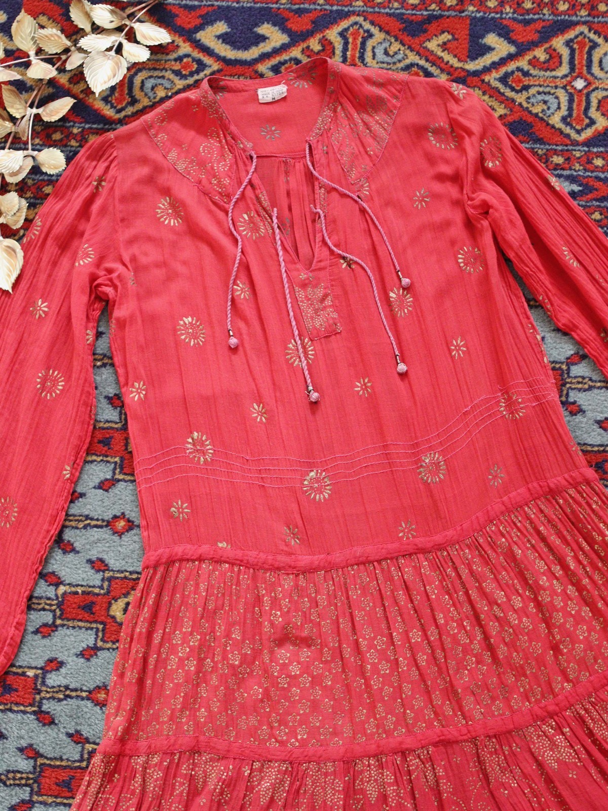 VTG Indian Thin Cotton Gauze Persimmon Red Gold Block Printed Peasant Dress