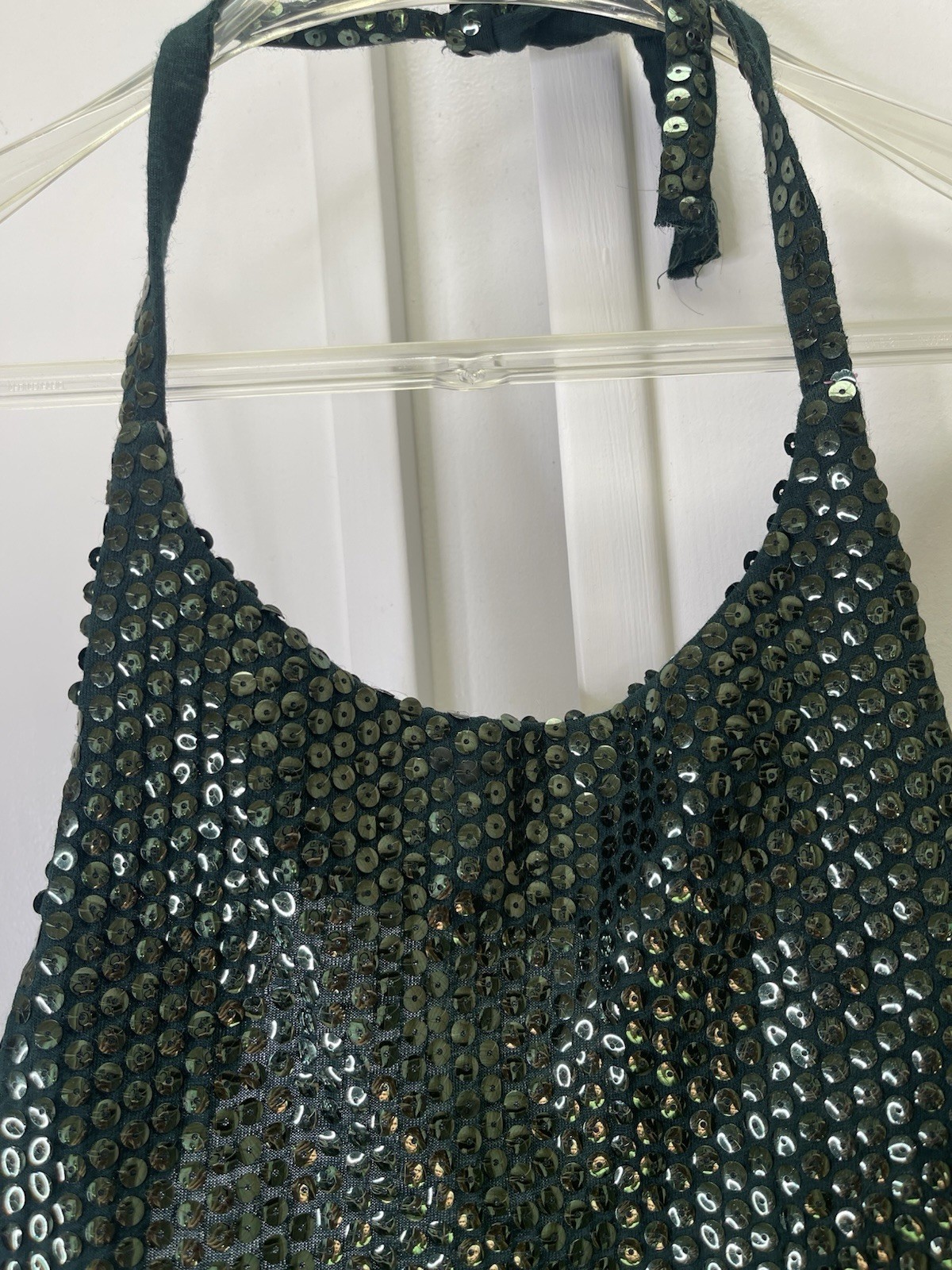Vtg 70s Emerald Green Sequin Halter Maxi Dress ILGWU Union Made Disco Glam XS/S