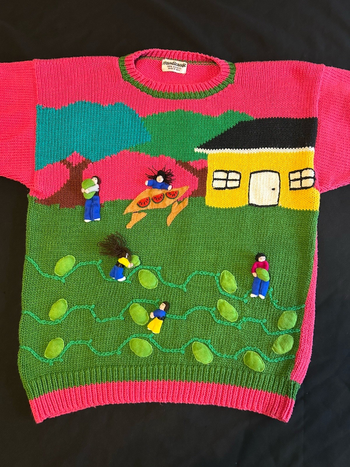 VTG 80&rsquo;s PICKING WATERMELON HANDMADE PERUVIAN EMBELLISHED NOVELTY SWEATER S-LG