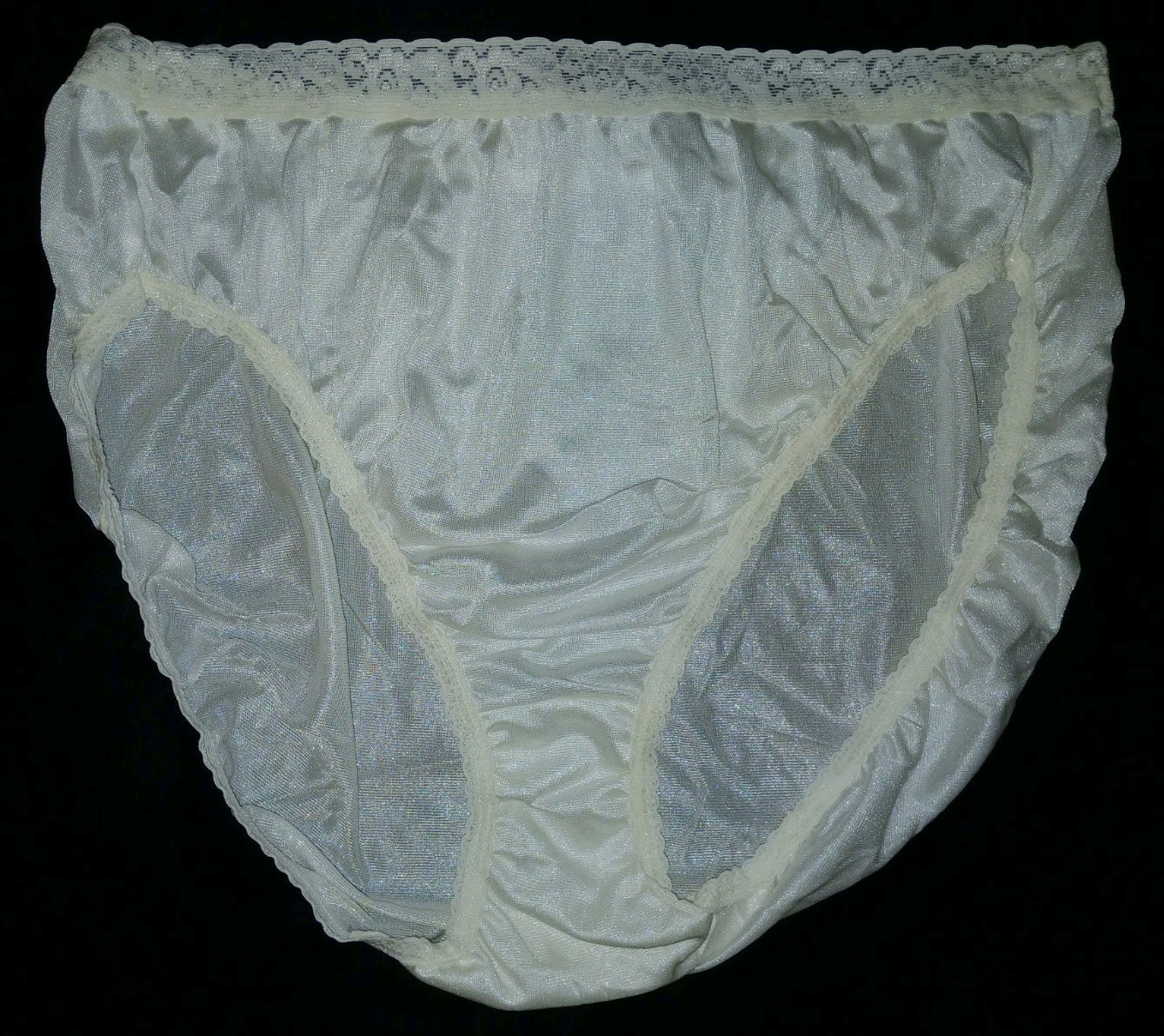 Vintage Hanes White Satin Nylon Silky Floral Lace Hi-Cut Brief Panties XL 10 EUC