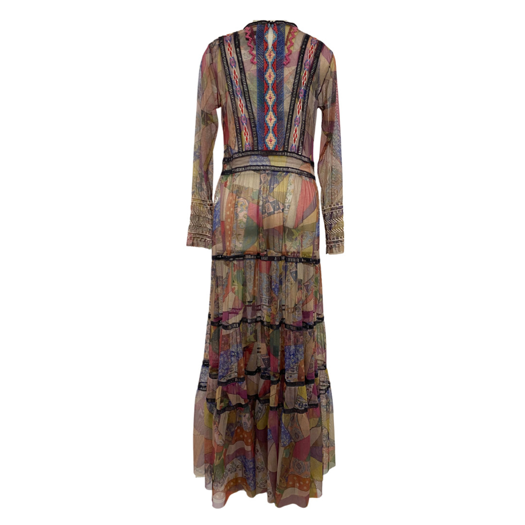 Johnny Was Biya Romantic Embroidered Boho Bohemian Tiered Printed Gervase Dress