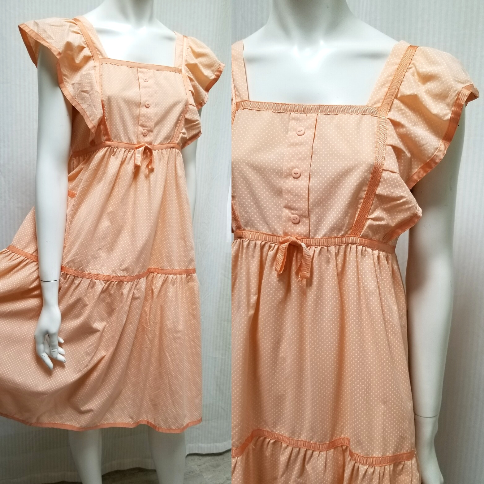 Vintage Peach & White Polka Dot Empire Waist Dress – Size S – EUC