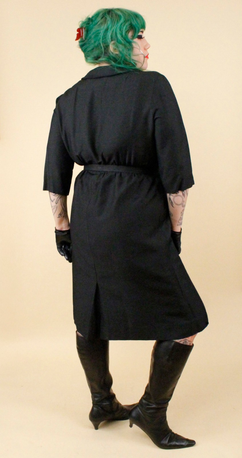 1950s Vtg Black Plus Size Volup Collared Sailor Button Dress Goth Pin Up 1X B48&Prime;