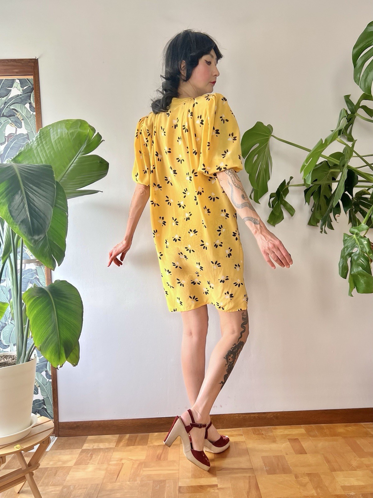 Vintage 80s Ungaro Solo Donna Italy Silk Puff Sleeve Mini Dress Yellow XS-M