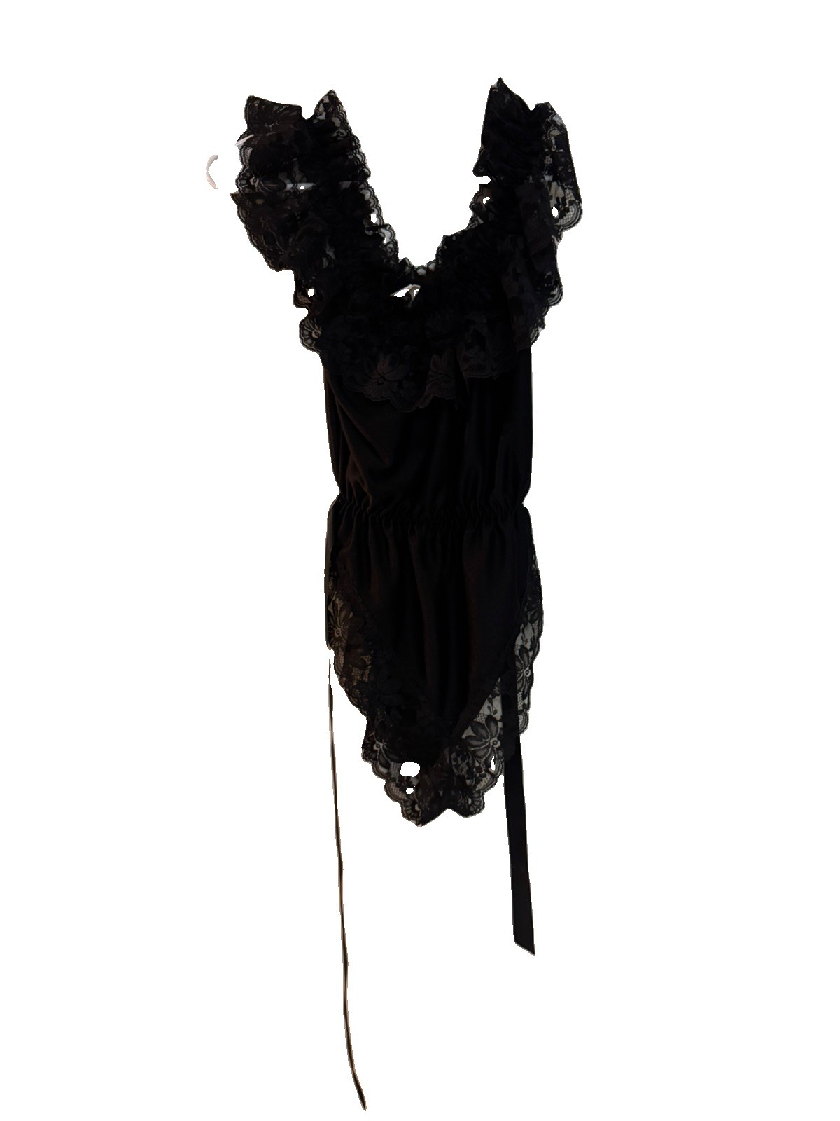 Vtg Dolores Poirette Black Satin Lace Teddy Romper Bodysuit Pull On Size M