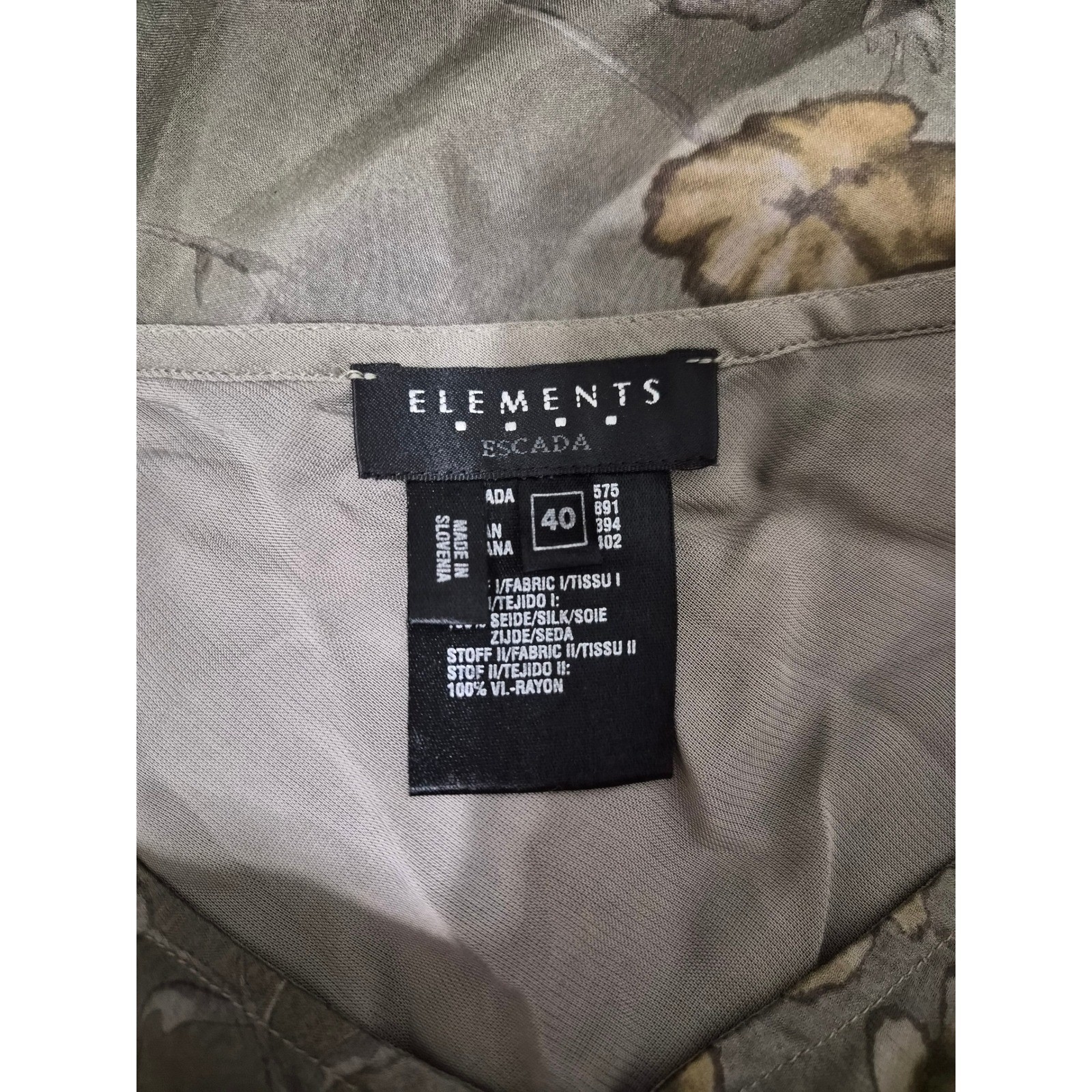 Vintage Escada Elements 100% Silk Top, EU 40 (US 8/10) Olive Green Floral Blouse
