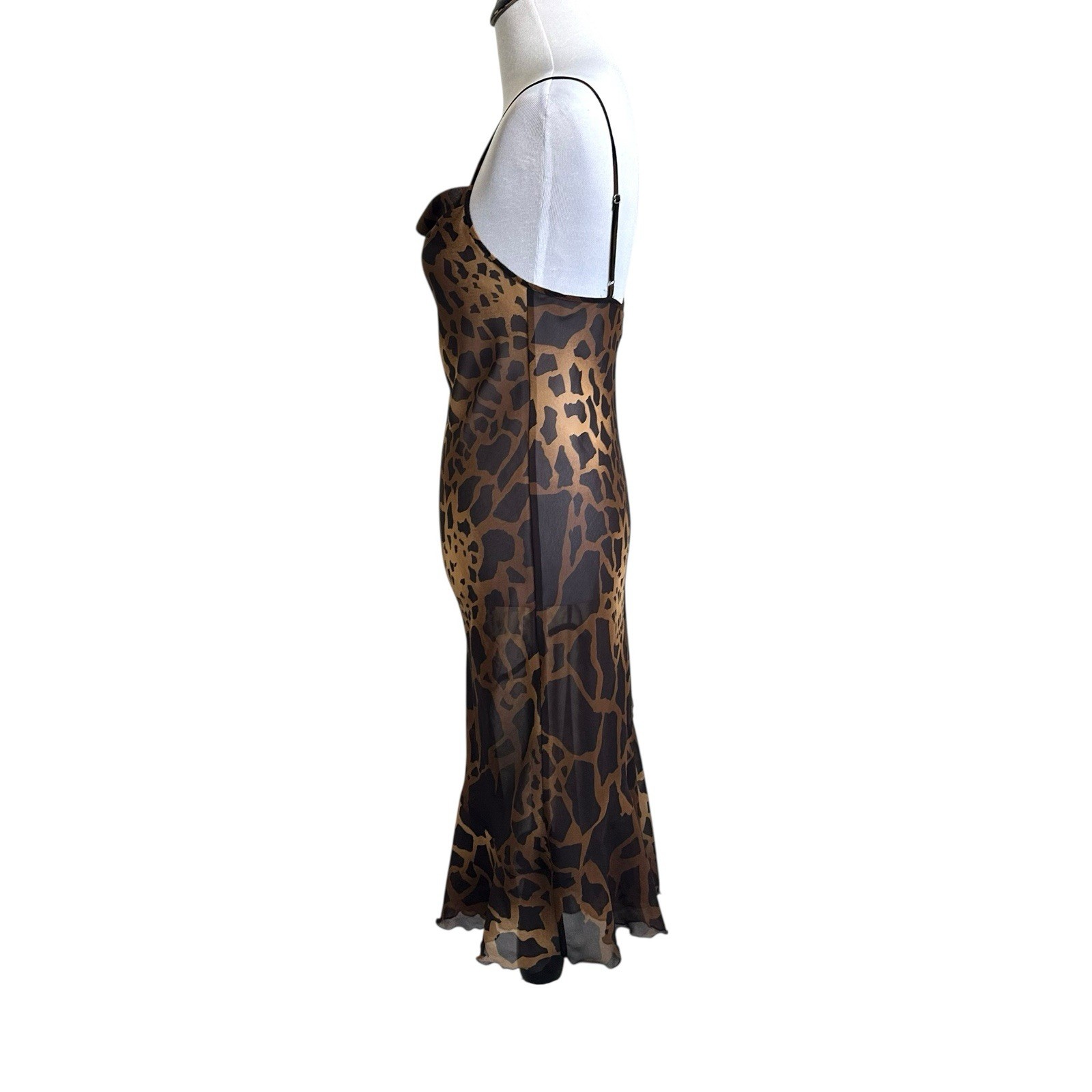 Vtg Y2K 90’s Asymmetrical Sleeveless Animal Print Semi Sheer Dress Small Brown