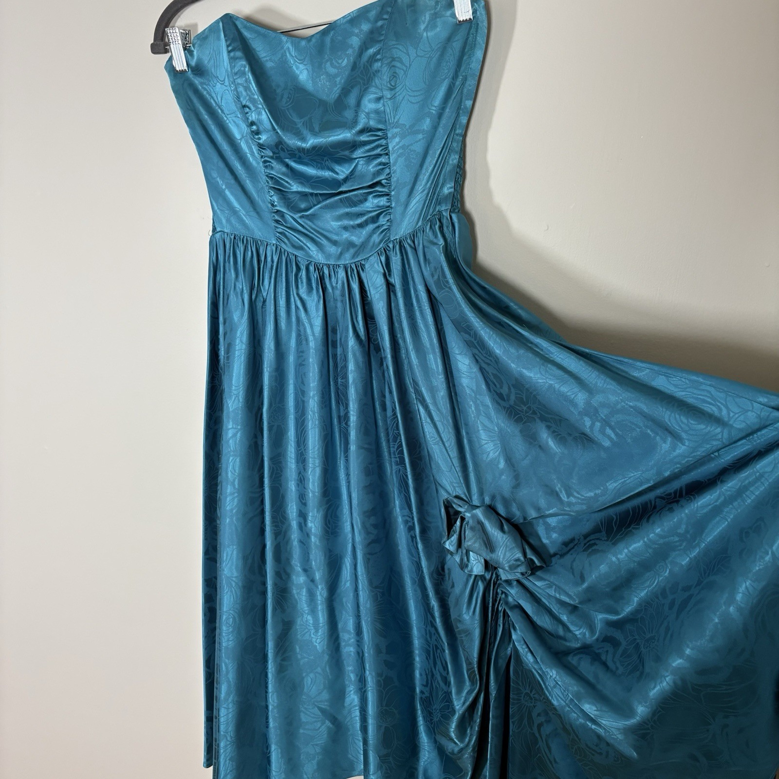 VTG 80s Studio E Teal Floral Brocade Prom Party Dress Strapless Ruched Maxi L