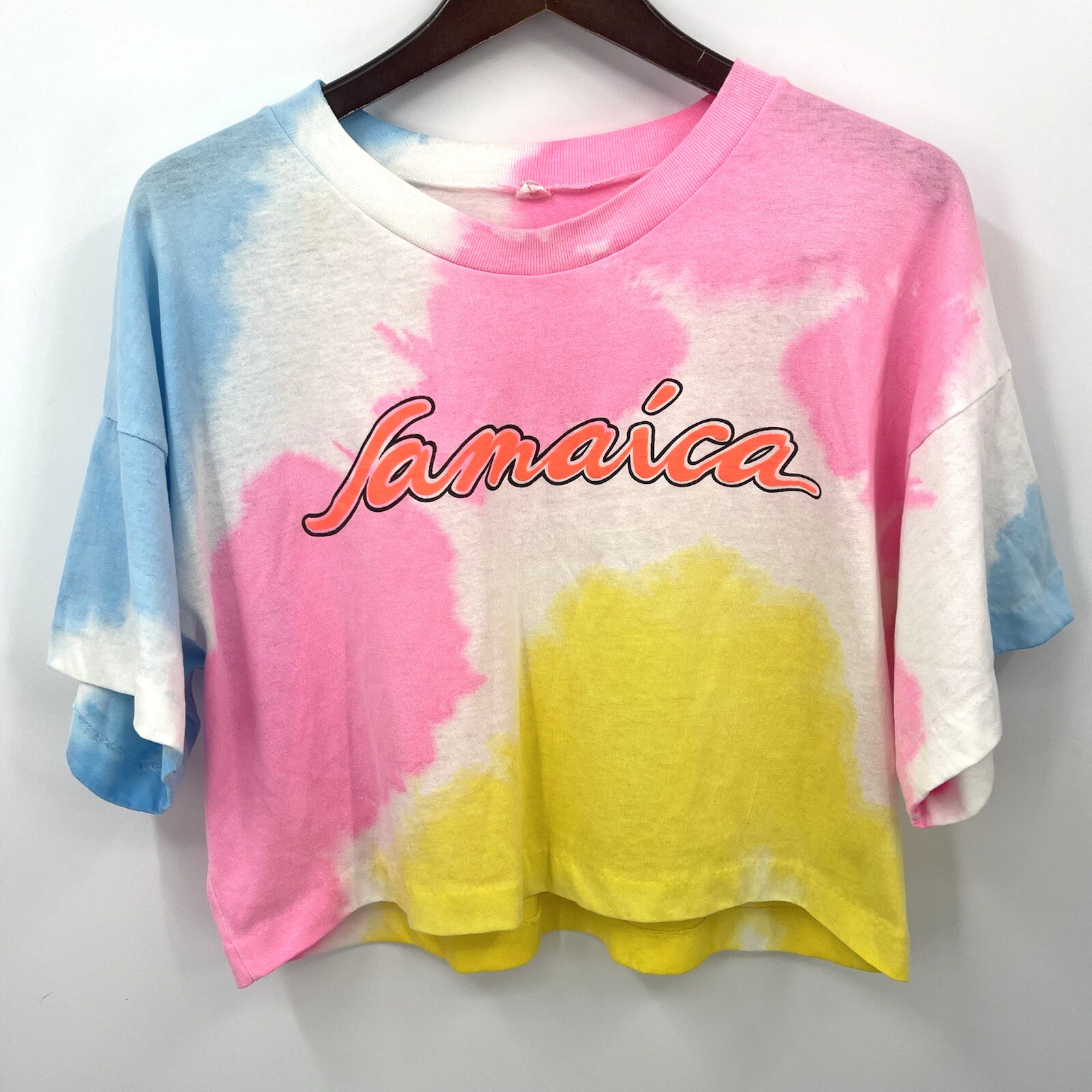 Vintage Jamaica Shirt Pink Orange Neon One Size Cropped 90s Single Stitch y2k