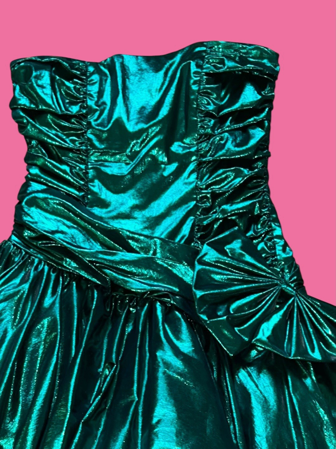 Vtg 80s Zum Zum Metallic Lamé Green Strapless Dress Asymmetric Drop Bow 9/10