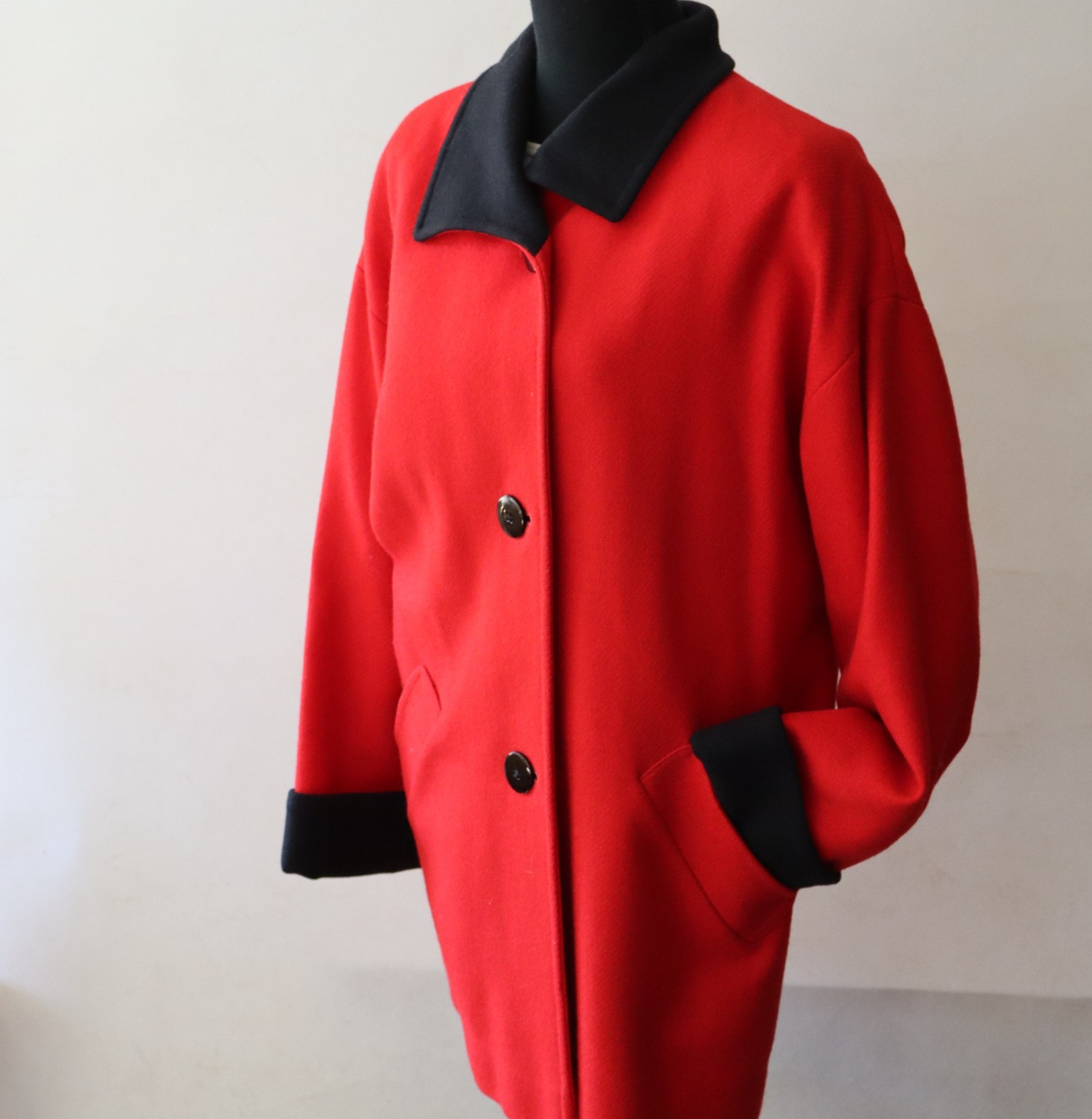 Vtg 1950s Virgin Wool Pendleton Mid Length Coat Red w Black Collar Sz Lg? USA!