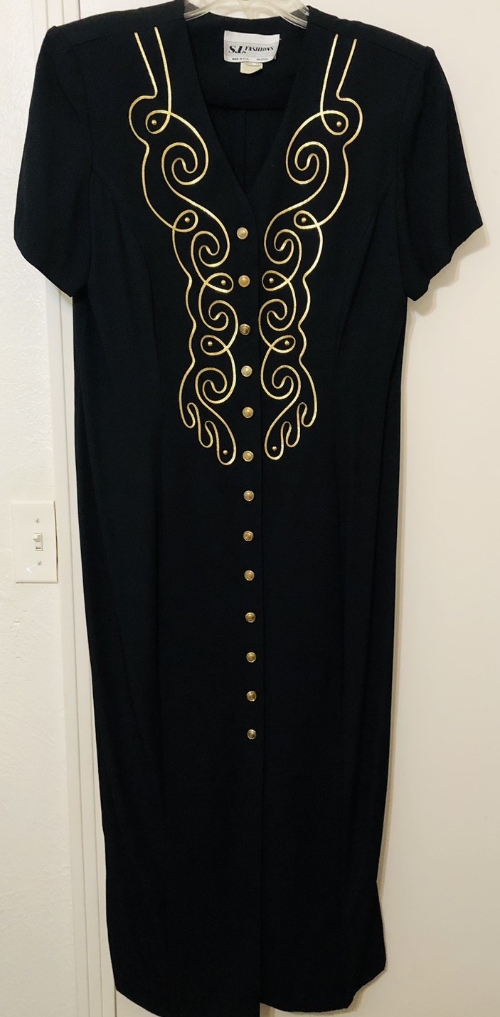 Vintage S.L. Fashions Dress sz 14 Black Gold Embossed With Gold Tone Buttons