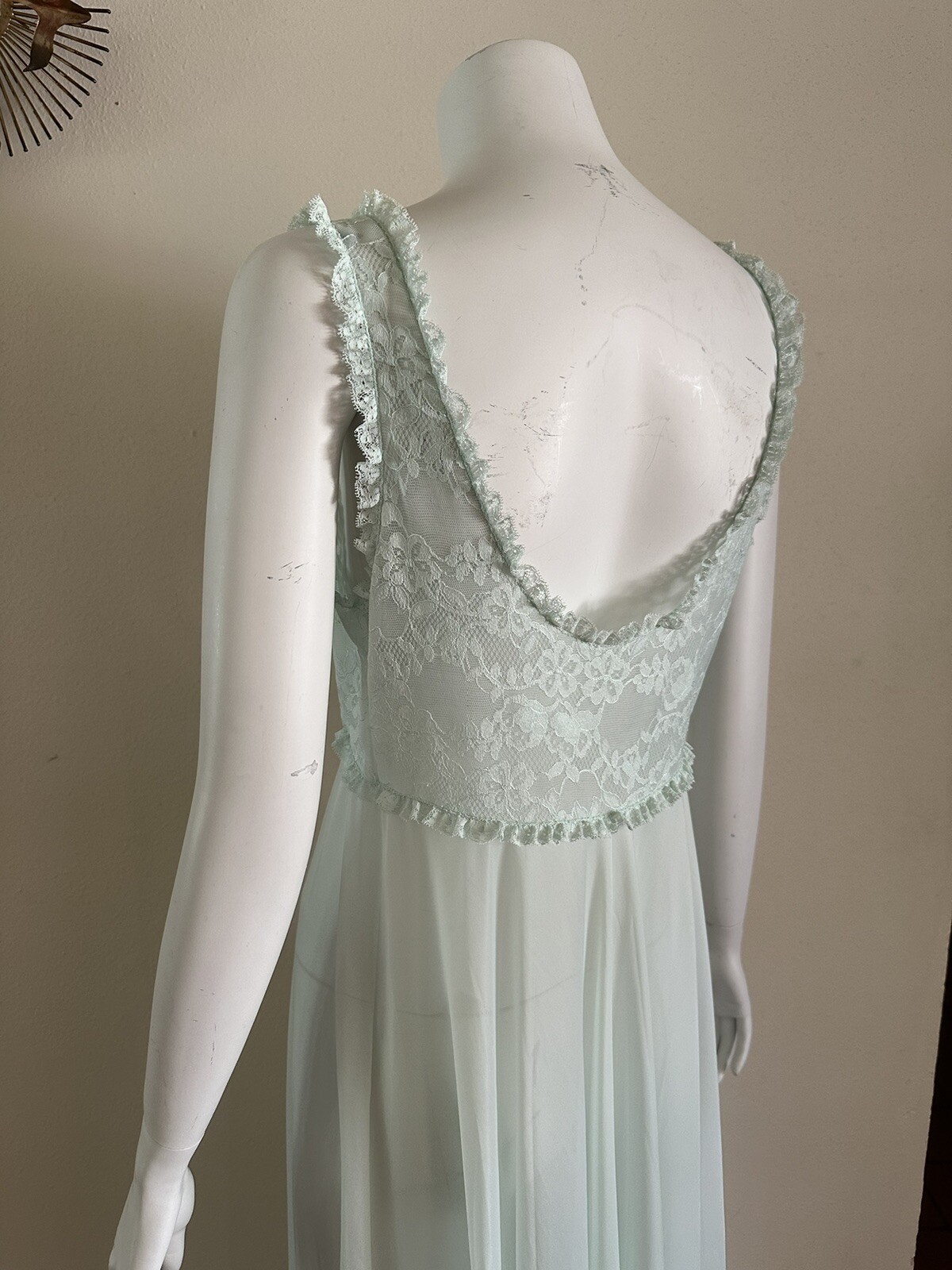 1960s Vanity Fair Mint Green Nylon Tricot Lace Nightgown Slip Dress Negligee VTG