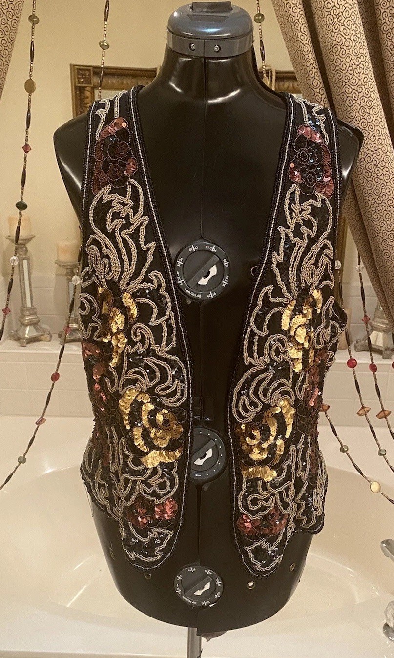 VINTAGE 80&rsquo;s Silk Beaded Sequin Vest BLACK TIE BY HE-RO Black Gold Copper L