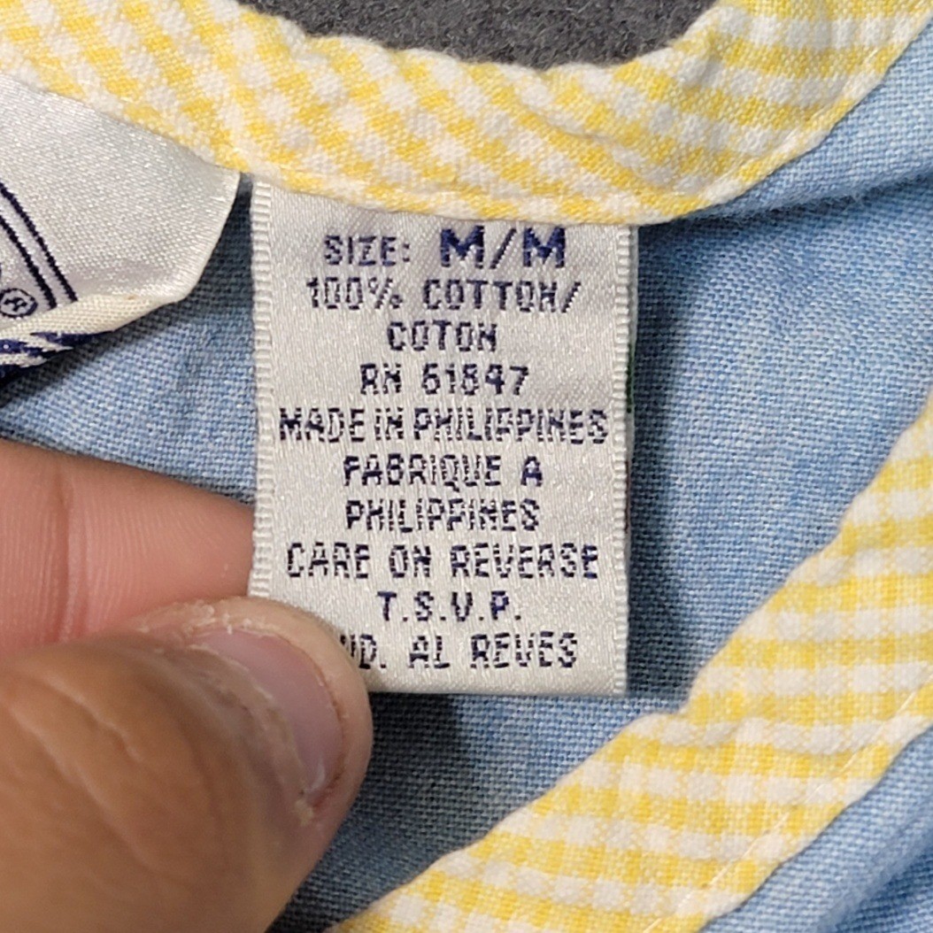 Vintage Eagle&rsquo;s Eye Blue Chambray Dress Yellow Gingham Trim Novelty Button Med