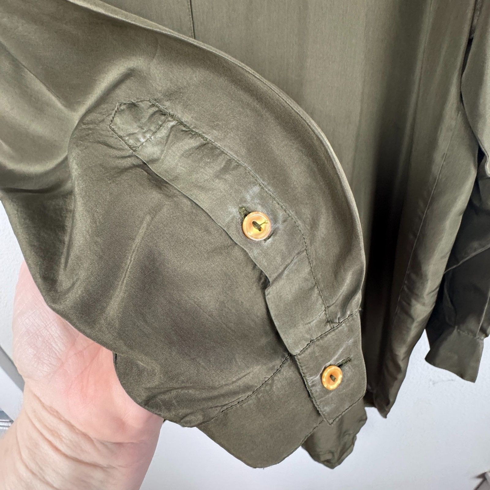 Vintage Clio Silk Button Down Tunic Sz M Olive Green Lagenlook