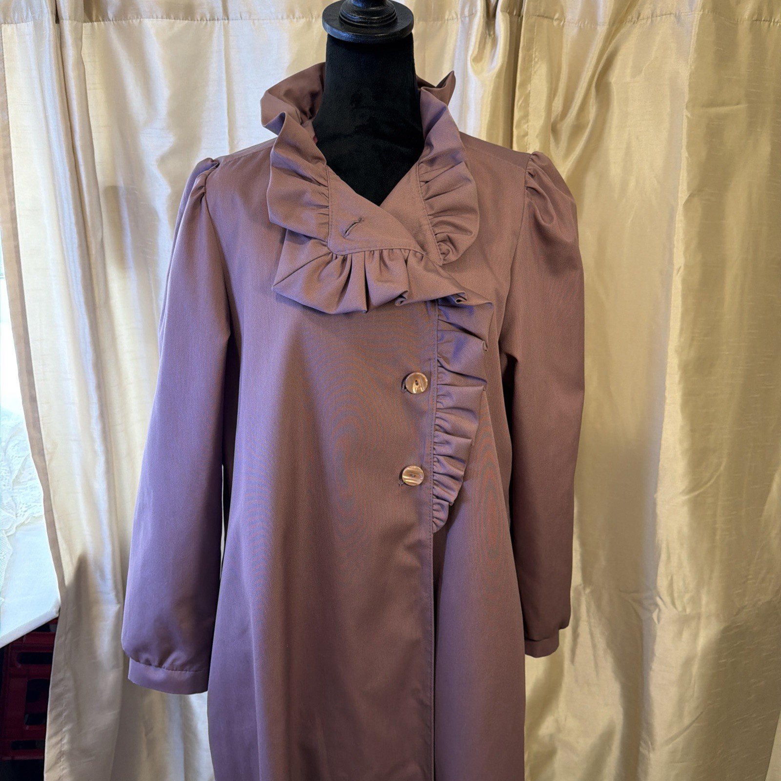 Misty Harbor Mauve Ruffled Gathered Long Rain Trench Coat SZ 12 80&rsquo;s