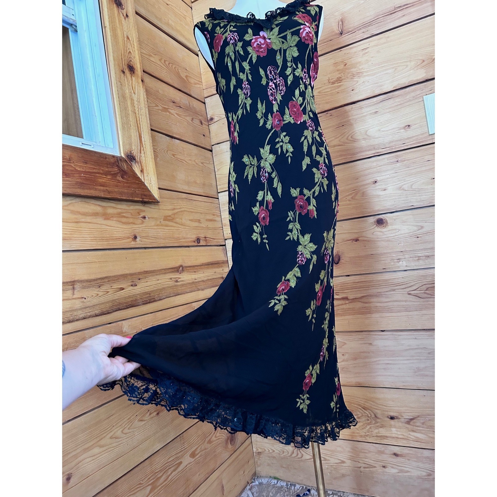 Vintage Maxi Dress Womens 14 Petite Black Floral Beaded Lace Jessica McClintock