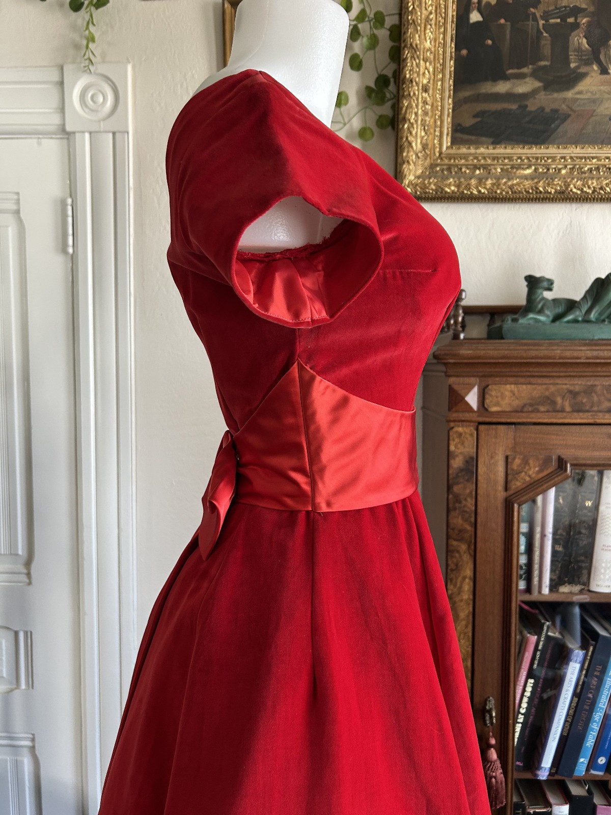 Vintage 1950s Ruby Red Velvet Party Dress Satin Sash Full Skirt XS Formal Bow