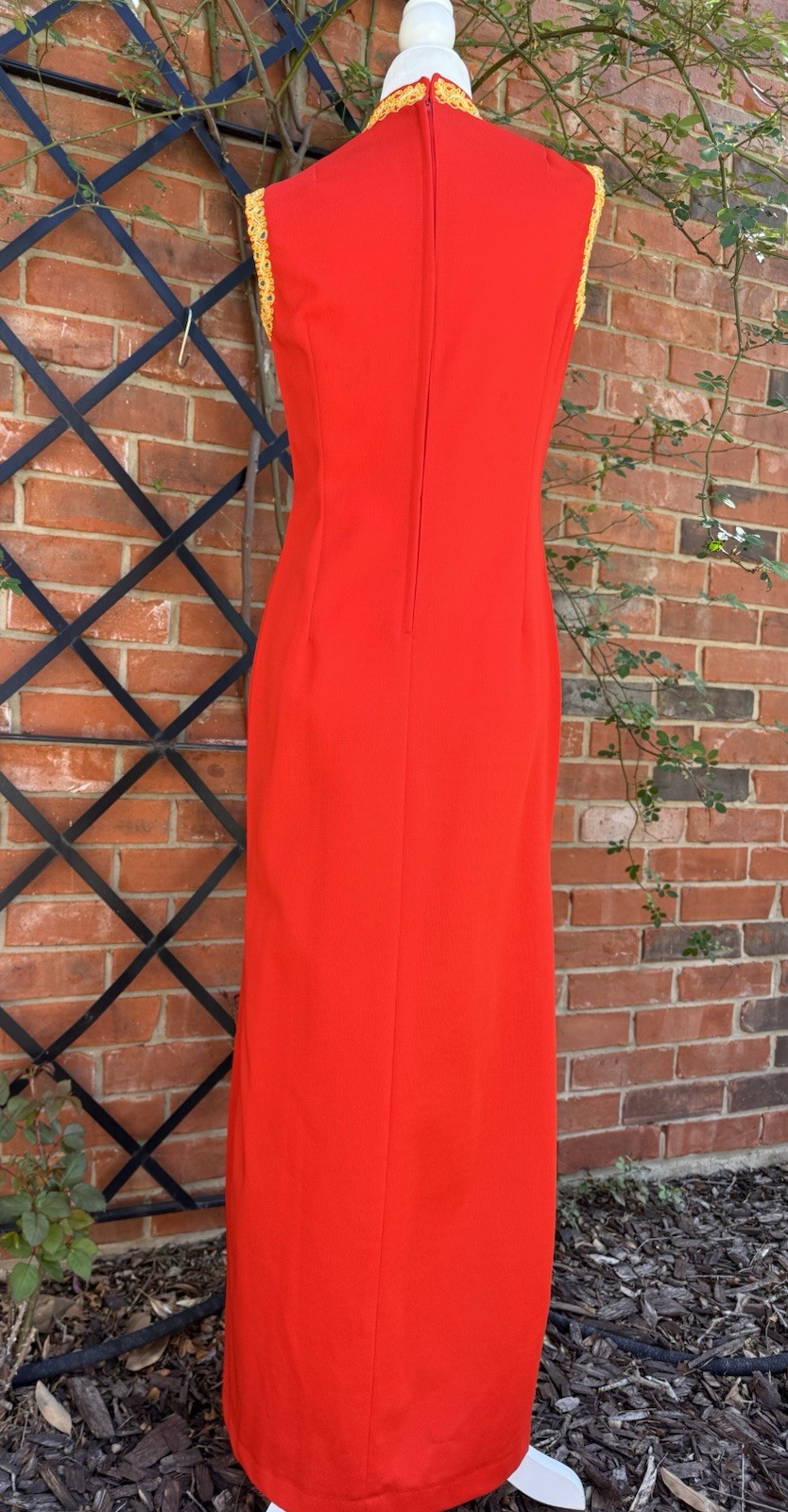 Vintage 1960s Red Hostess Column Maxi Dress With Gold Soutache Embroidery Size M