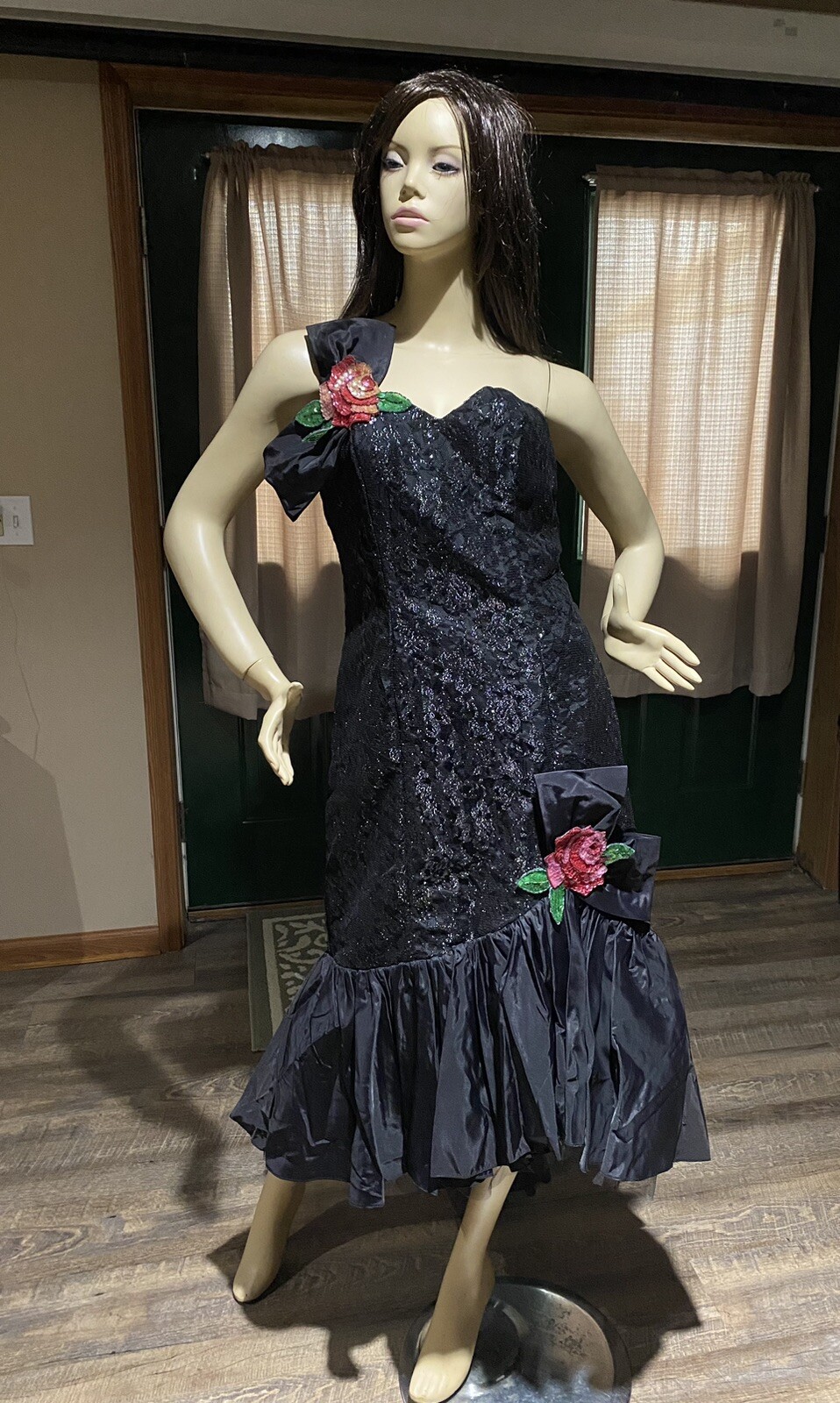 NWT Vintage 80s Flirtations Black Lace Floral Beaded Prom Party Dress 11/12