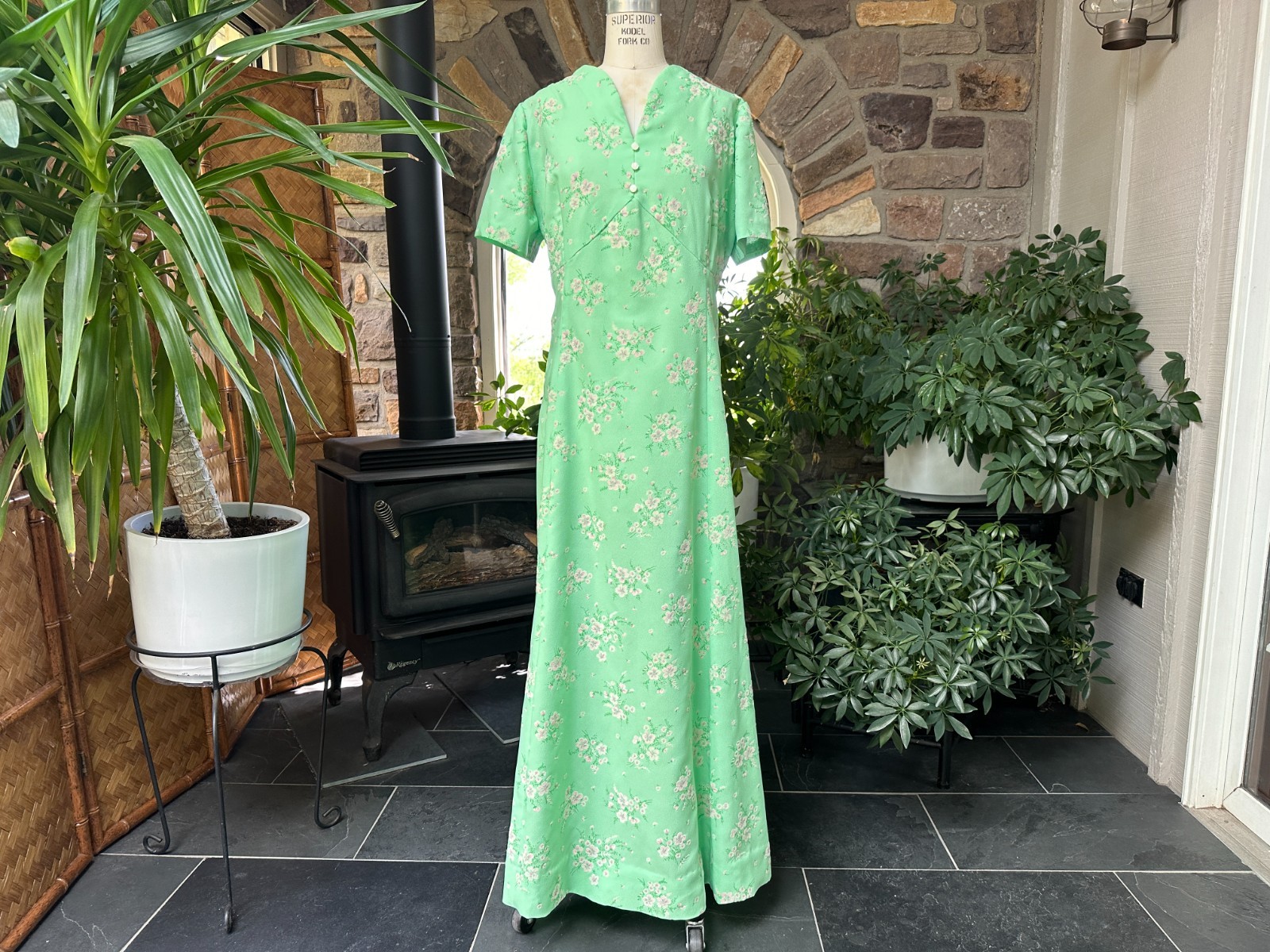 Vintage 1970s Green with Pink and White Flocked Flowers Maxi Dress